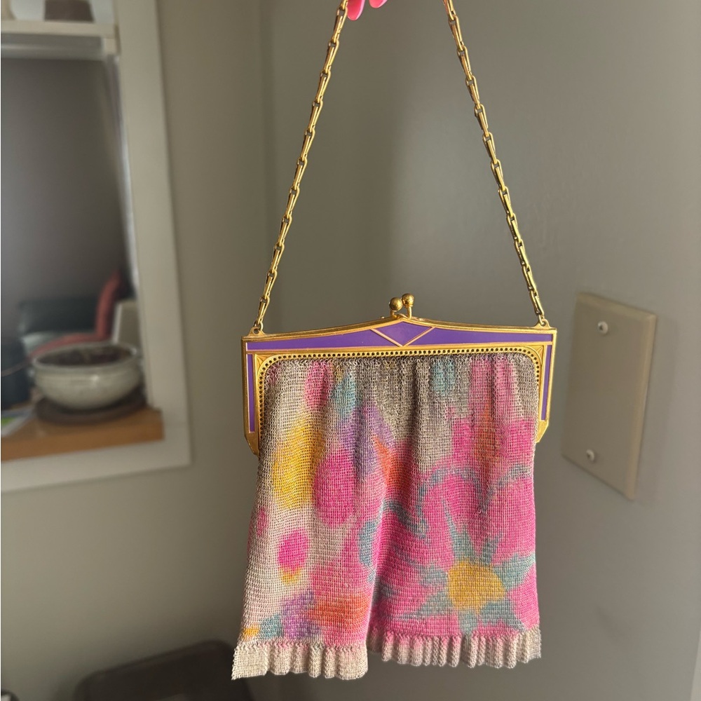 Colorful Floral Knit Purse with Gold Chain